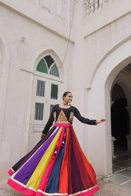 Black Multicolor Attractive Colour Combination Roman Fabrics Lace Work Navratri Lehenga Choli