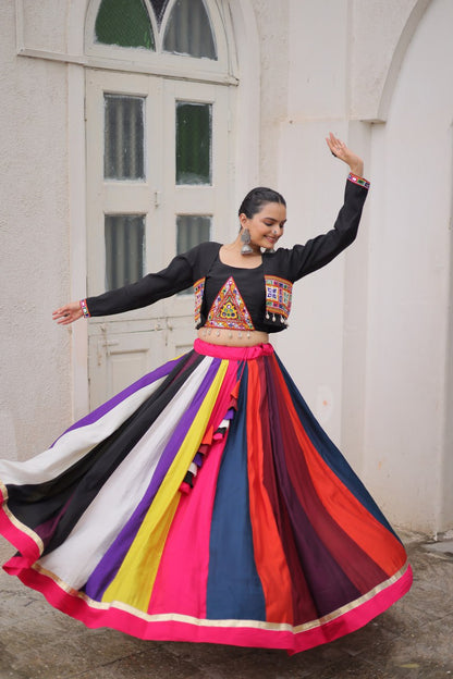 Black Multicolor Attractive Colour Combination Roman Fabrics Lace Work Navratri Lehenga Choli