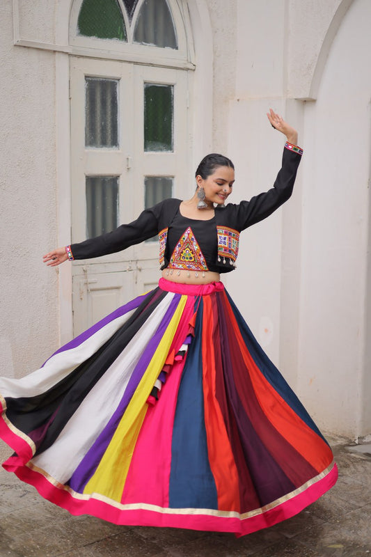 Black Multicolor Attractive Colour Combination Roman Fabrics Lace Work Navratri Lehenga Choli