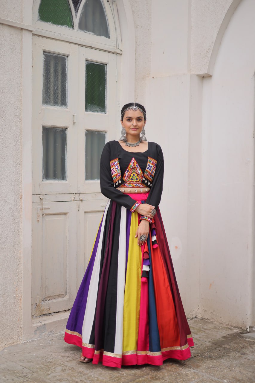 Black Multicolor Attractive Colour Combination Roman Fabrics Lace Work Navratri Lehenga Choli