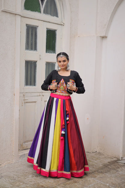 Black Multicolor Attractive Colour Combination Roman Fabrics Lace Work Navratri Lehenga Choli