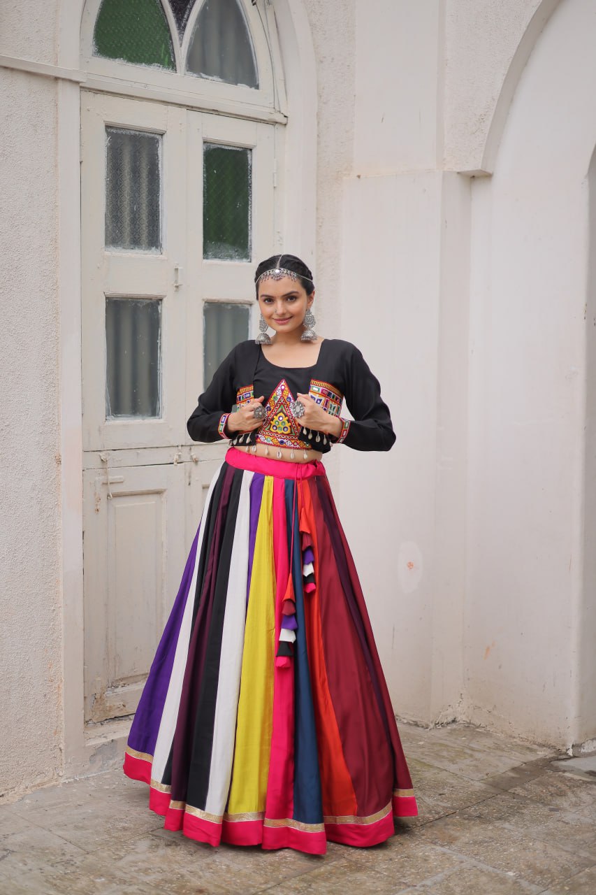 Black Multicolor Attractive Colour Combination Roman Fabrics Lace Work Navratri Lehenga Choli