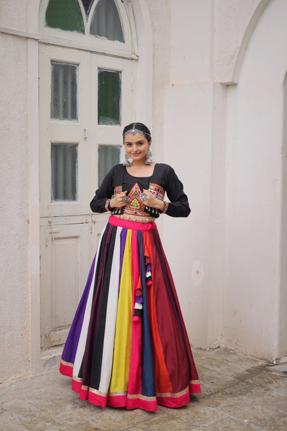 Black Multicolor Attractive Colour Combination Roman Fabrics Lace Work Navratri Lehenga Choli