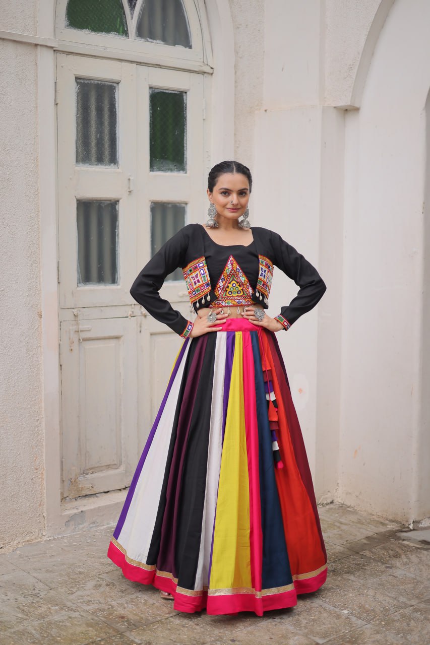 Black Multicolor Attractive Colour Combination Roman Fabrics Lace Work Navratri Lehenga Choli