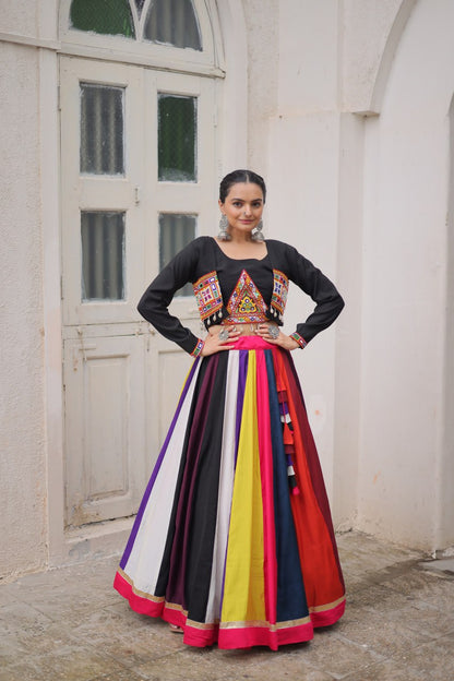 Black Multicolor Attractive Colour Combination Roman Fabrics Lace Work Navratri Lehenga Choli