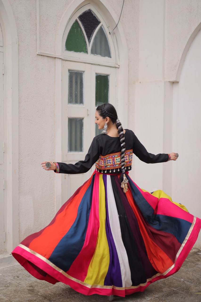 Black Multicolor Attractive Colour Combination Roman Fabrics Lace Work Navratri Lehenga Choli