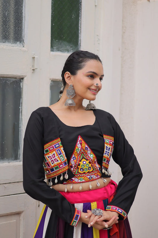 Black Multicolor Attractive Colour Combination Roman Fabrics Lace Work Navratri Lehenga Choli