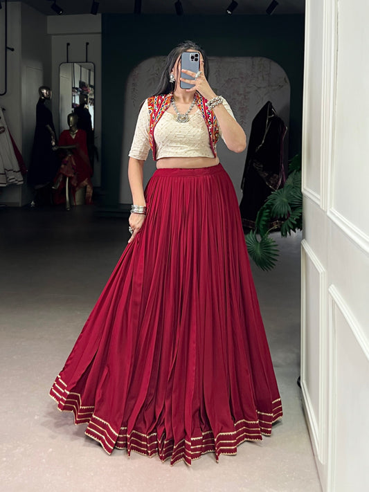 Maroon Pure Rayon Gotta Patti Lace Work Stitched Navratri Lehenga Choli