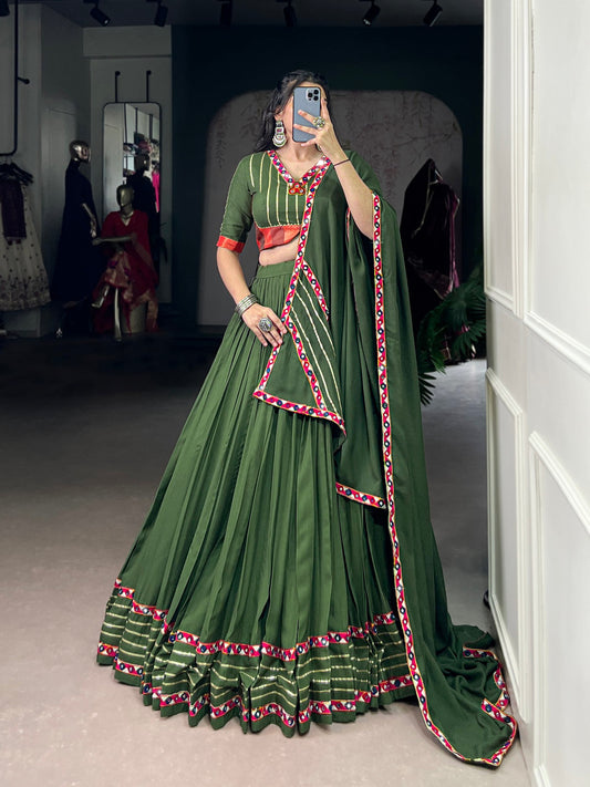 Mehendi Pure Rayon Original Mirror Gamthi Work Stitched Navratri Lehenga Choli