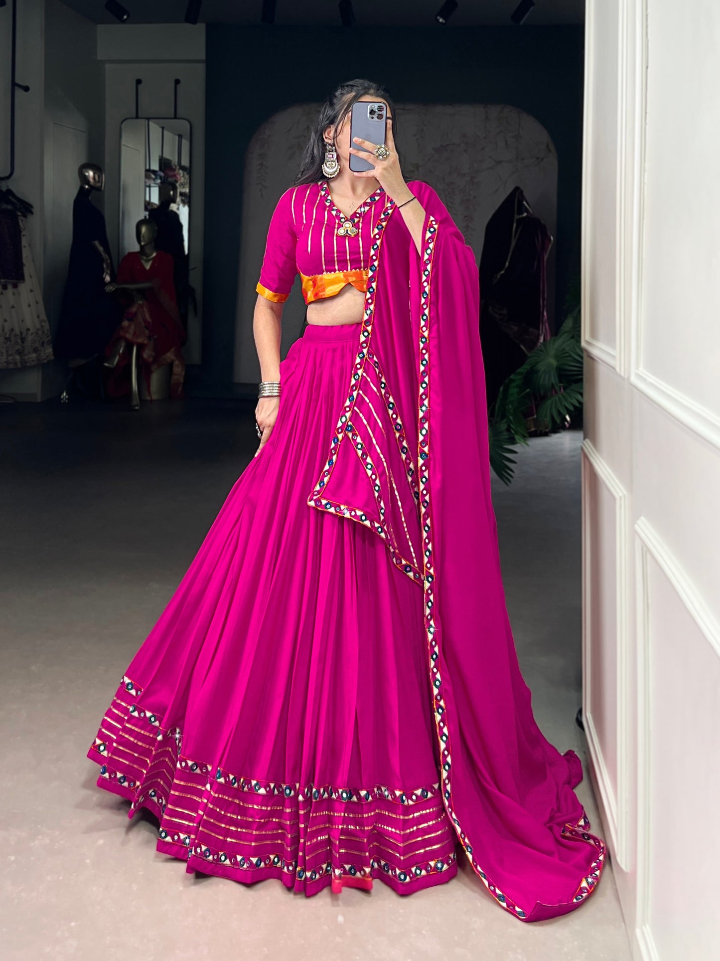 Pink Pure Rayon Original Mirror Gamthi Work Stitched Navratri Lehenga Choli