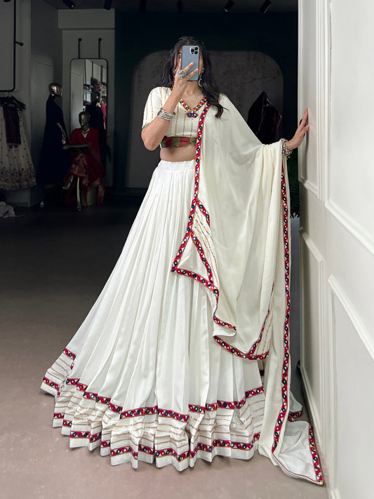 White Pure Rayon Original Mirror Gamthi Work Stitched Navratri Lehenga Choli