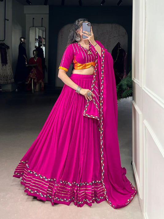 Pink Pure Rayon Original Mirror Gamthi Work Stitched Navratri Lehenga Choli
