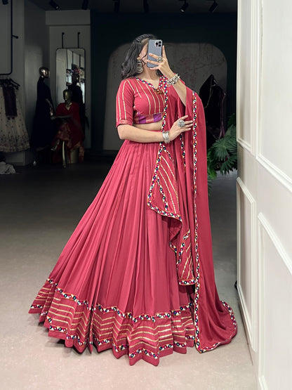Deep Pink Pure Rayon Original Mirror Gamthi Work Stitched Navratri Lehenga Choli