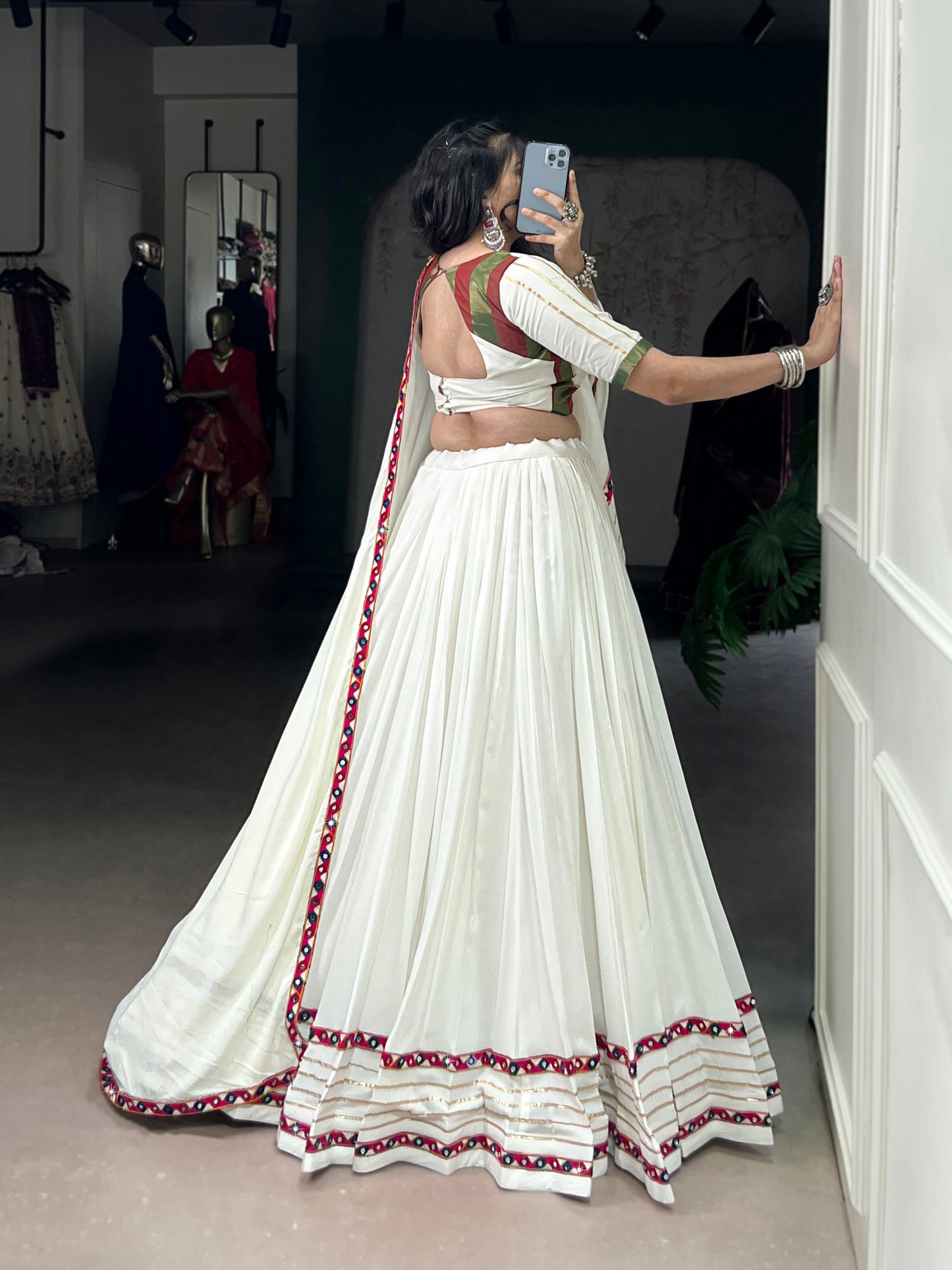 White Pure Rayon Original Mirror Gamthi Work Stitched Navratri Lehenga Choli
