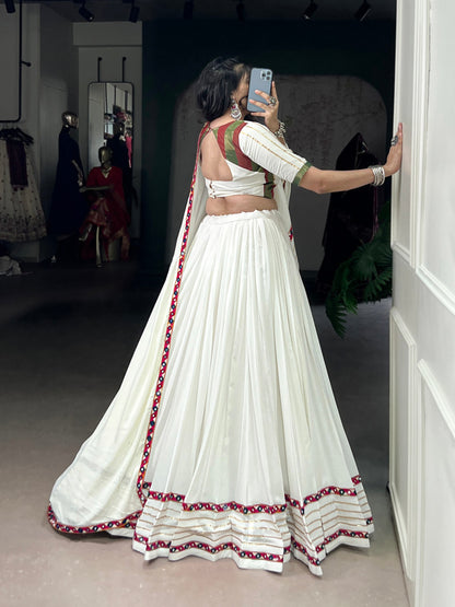White Pure Rayon Original Mirror Gamthi Work Stitched Navratri Lehenga Choli