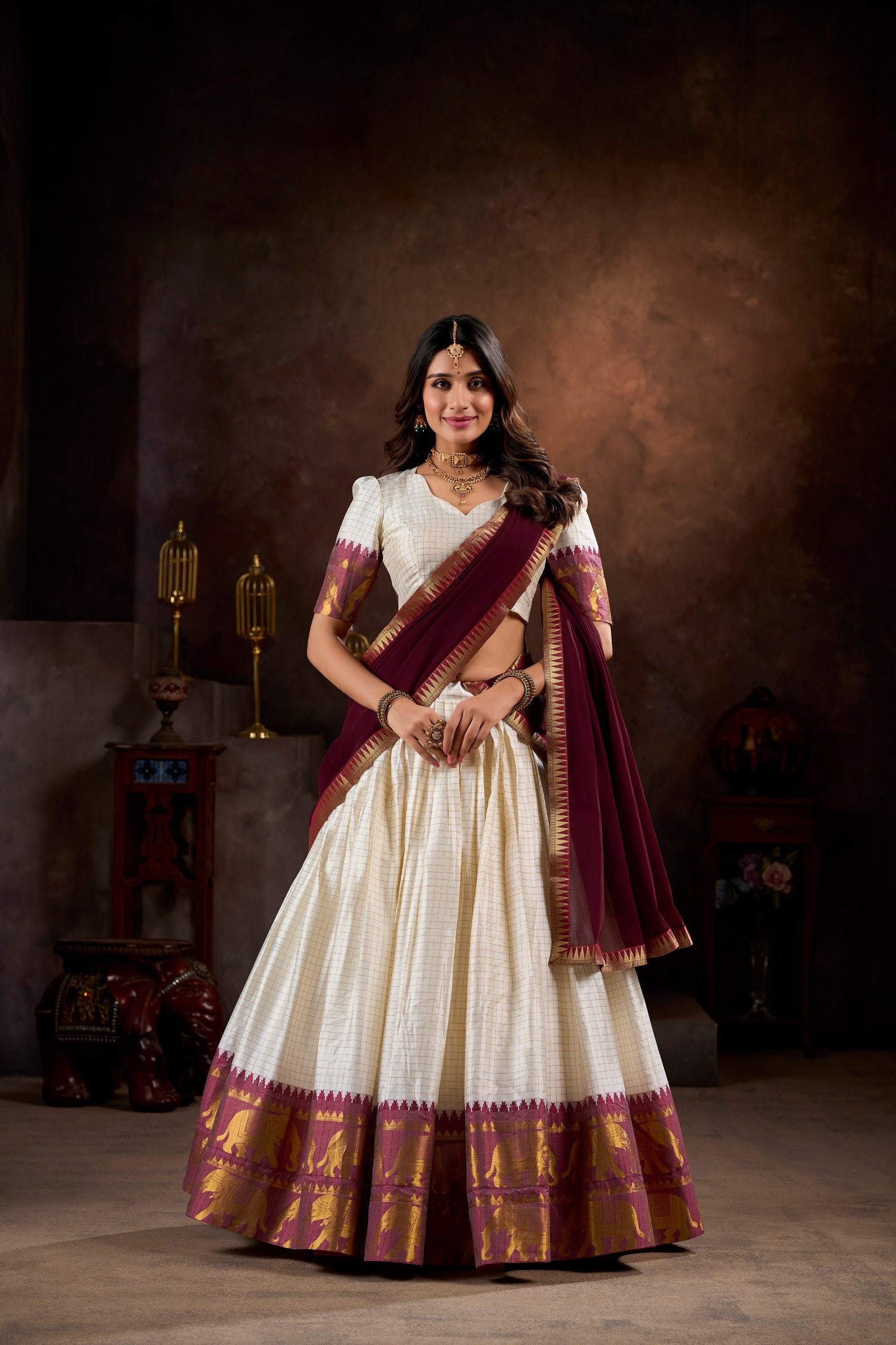 White Kalyani Cotton Zari Weaving Work Lehenga Choli for Women