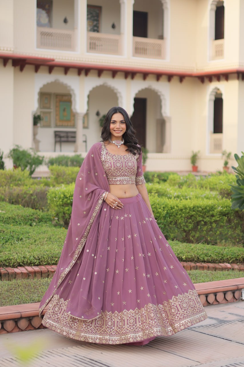 Mulberry Faux Georgette With Sequins Attractive Lace Border Lehenga Choli