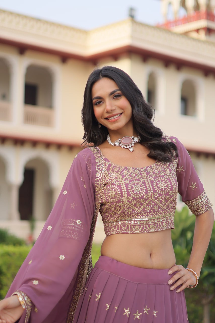 Mulberry Faux Georgette With Sequins Attractive Lace Border Lehenga Choli