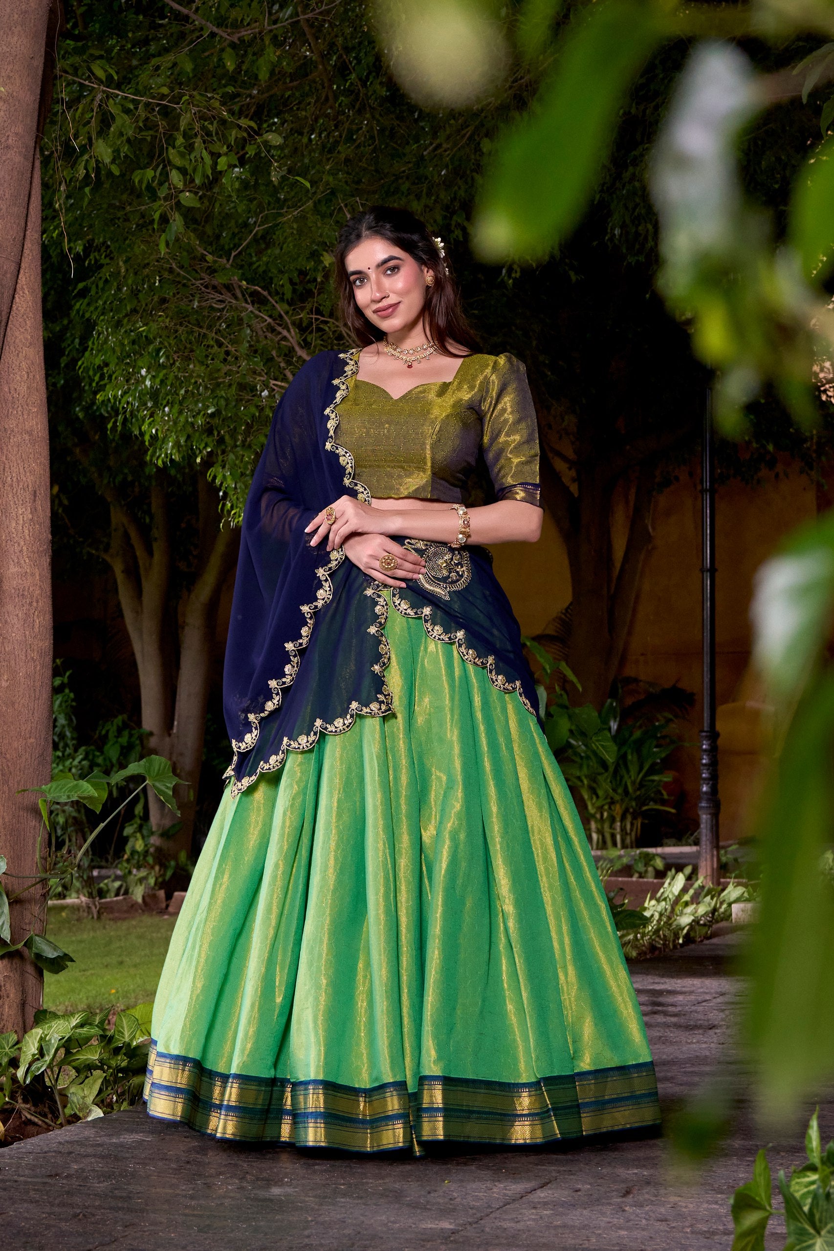 Navy Blue Kanchipuram Zari Weaving Work Work Lehenga Choli