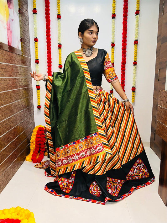 Yellow Milticolor Pure Cotton Silk Gamthi Work Butta Lace Work Navratri Lehenga Choli