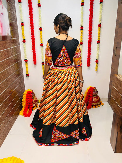 Yellow Milticolor Pure Cotton Silk Gamthi Work Butta Lace Work Navratri Lehenga Choli