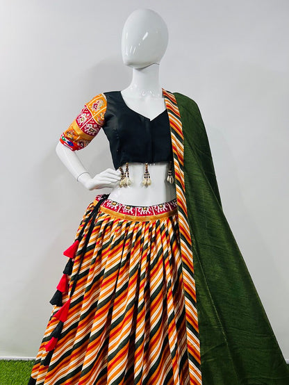 Yellow Milticolor Pure Cotton Silk Gamthi Work Butta Lace Work Navratri Lehenga Choli