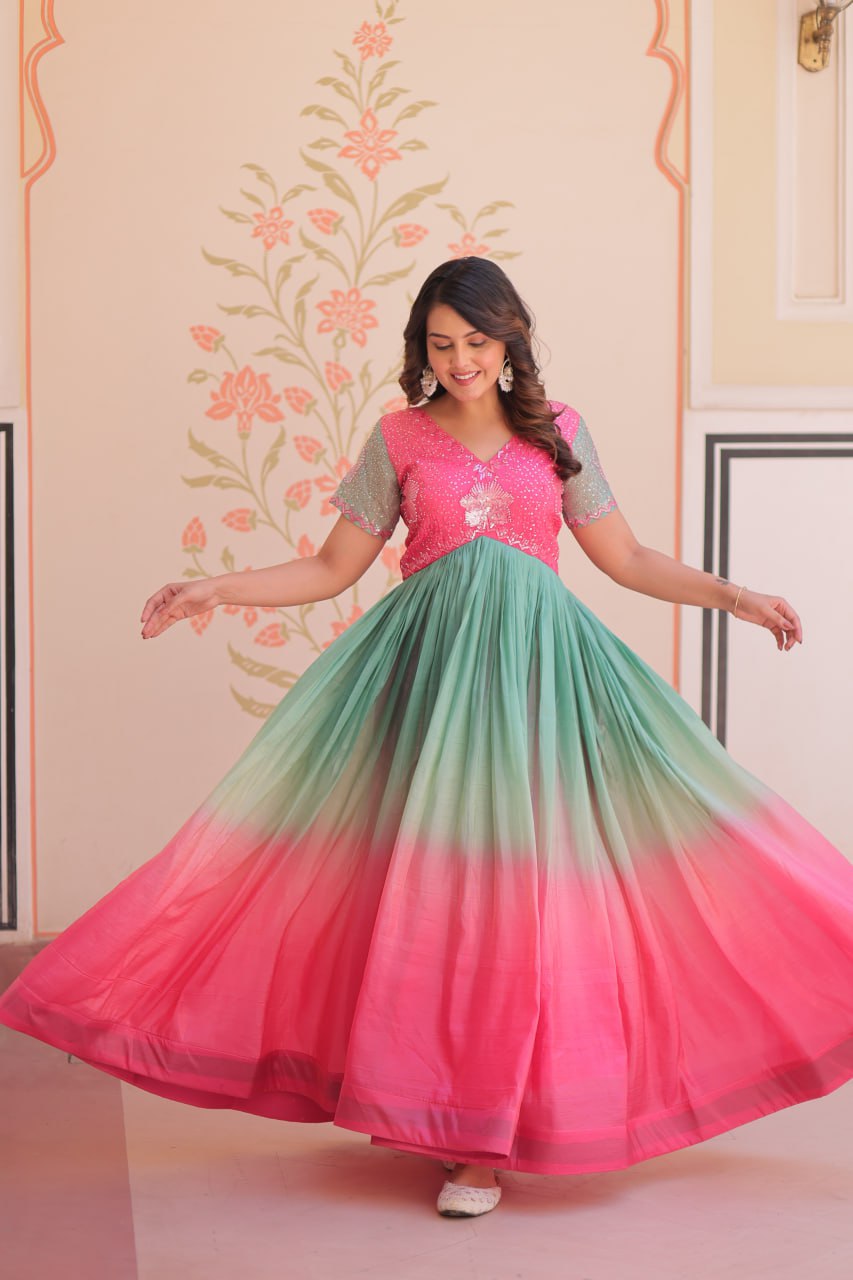 Pink Gold Crush Padding With Beads Embroidered Work Gown