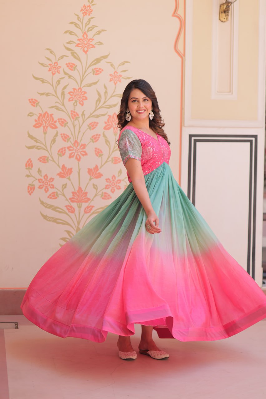 Pink Gold Crush Padding With Beads Embroidered Work Gown
