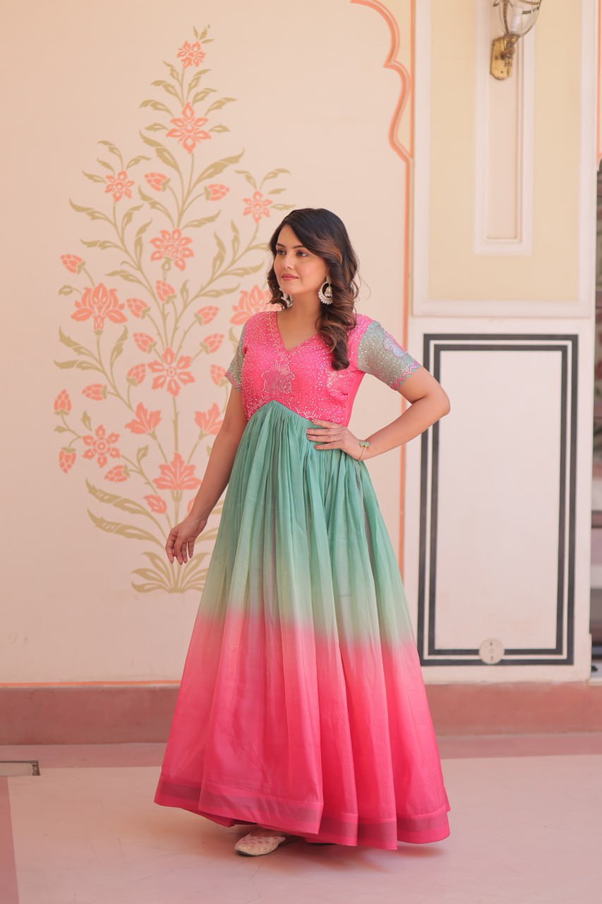 Pink Gold Crush Padding With Beads Embroidered Work Gown