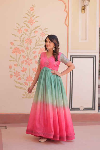 Pink Gold Crush Padding With Beads Embroidered Work Gown
