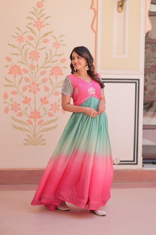 Pink Gold Crush Padding With Beads Embroidered Work Gown