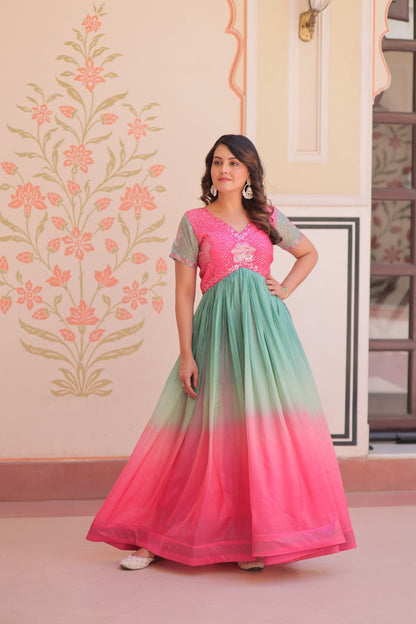 Pink Gold Crush Padding With Beads Embroidered Work Gown