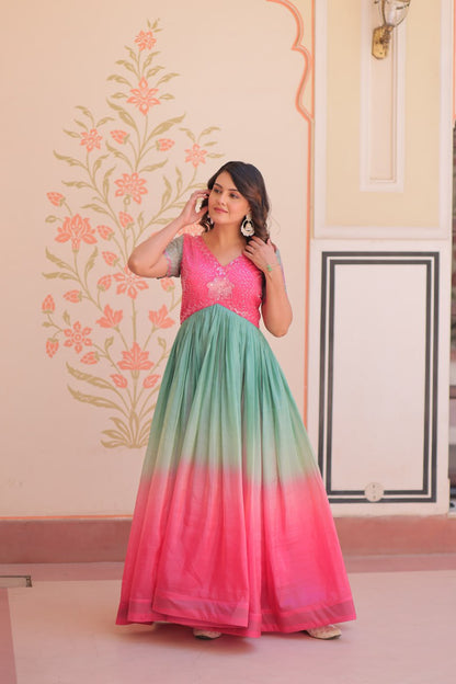 Pink Gold Crush Padding With Beads Embroidered Work Gown