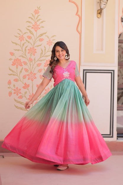 Pink Gold Crush Padding With Beads Embroidered Work Gown