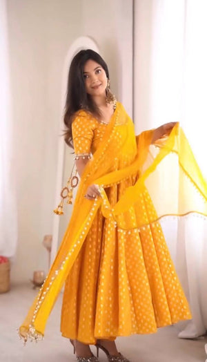 Mustard Anarkali suit for haldi and mehendi with sheer dupatta
