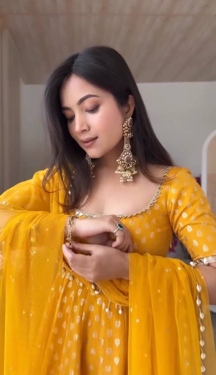 Haldi yellow Anarkali kurta with full sleeves and net dupatta
