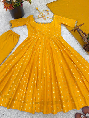 Full sleeve yellow Anarkali suit with jacquard weaving
