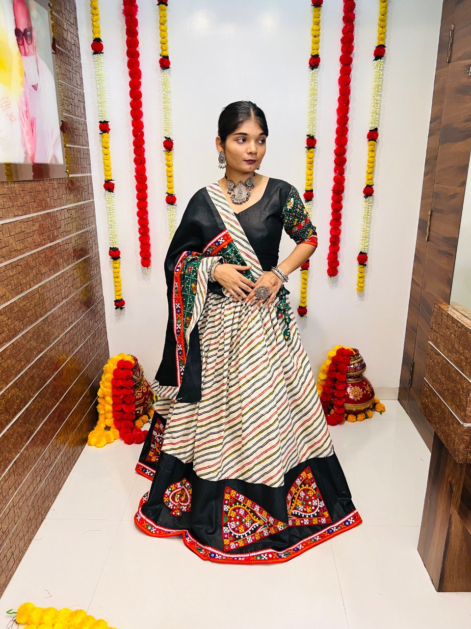 Milticolor Pure Cotton Silk Patola Print With Gamthi Work Butta Lace Work Navratri Lehenga Choli