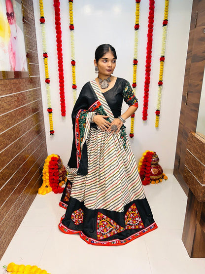 Milticolor Pure Cotton Silk Patola Print With Gamthi Work Butta Lace Work Navratri Lehenga Choli