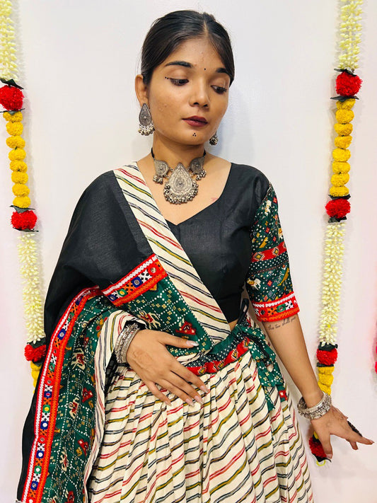 Milticolor Pure Cotton Silk Patola Print With Gamthi Work Butta Lace Work Navratri Lehenga Choli