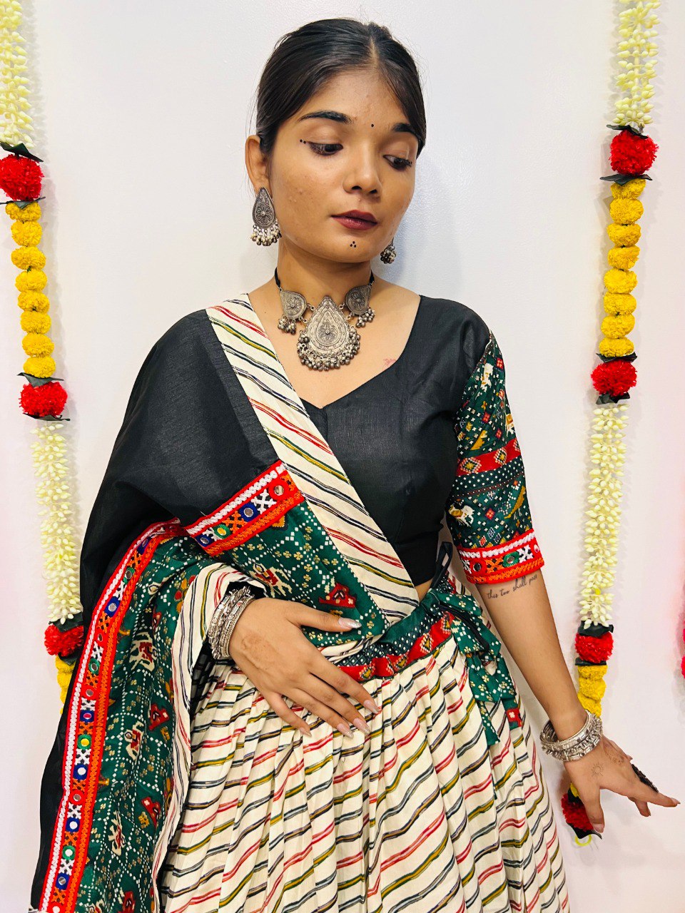 Milticolor Pure Cotton Silk Patola Print With Gamthi Work Butta Lace Work Navratri Lehenga Choli