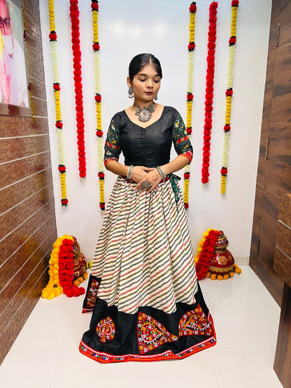 Milticolor Pure Cotton Silk Patola Print With Gamthi Work Butta Lace Work Navratri Lehenga Choli