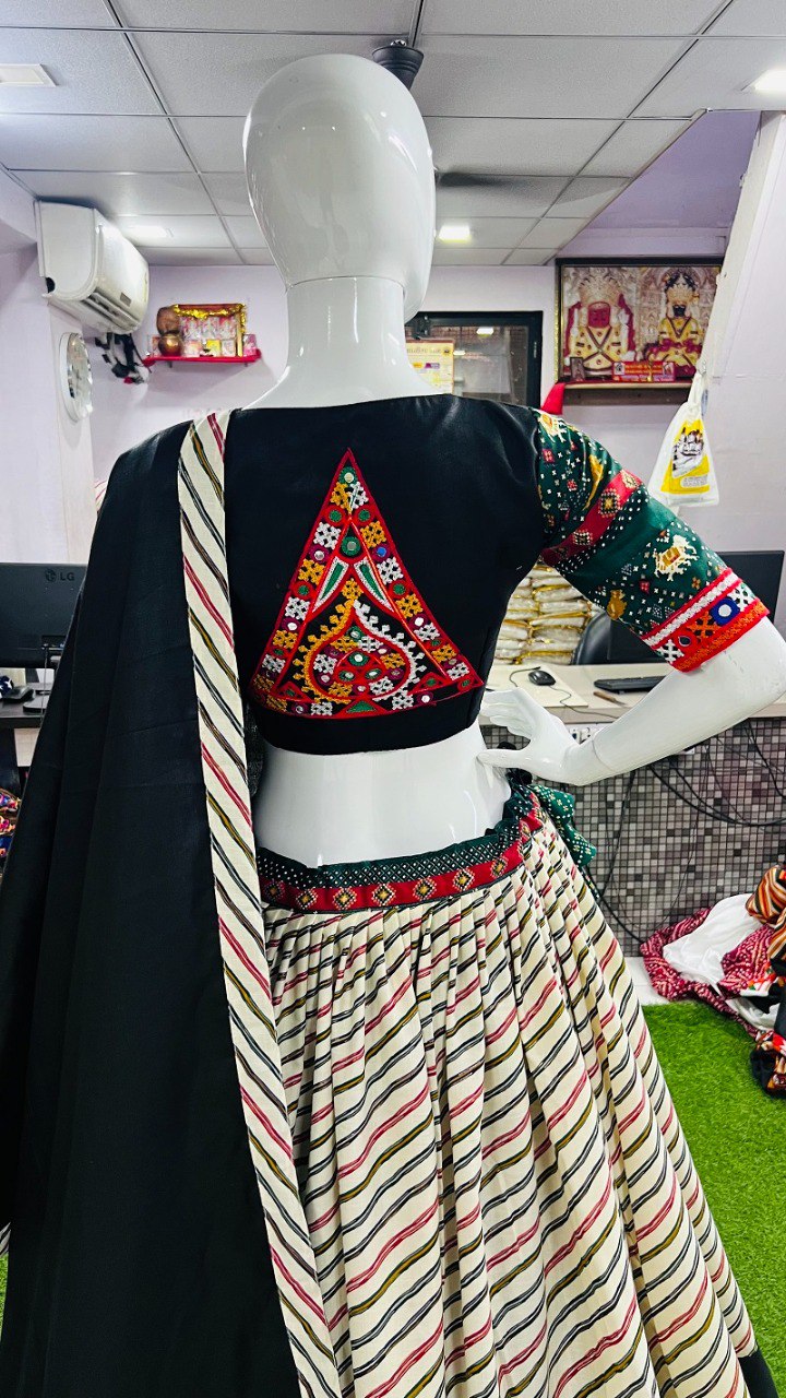 Milticolor Pure Cotton Silk Patola Print With Gamthi Work Butta Lace Work Navratri Lehenga Choli