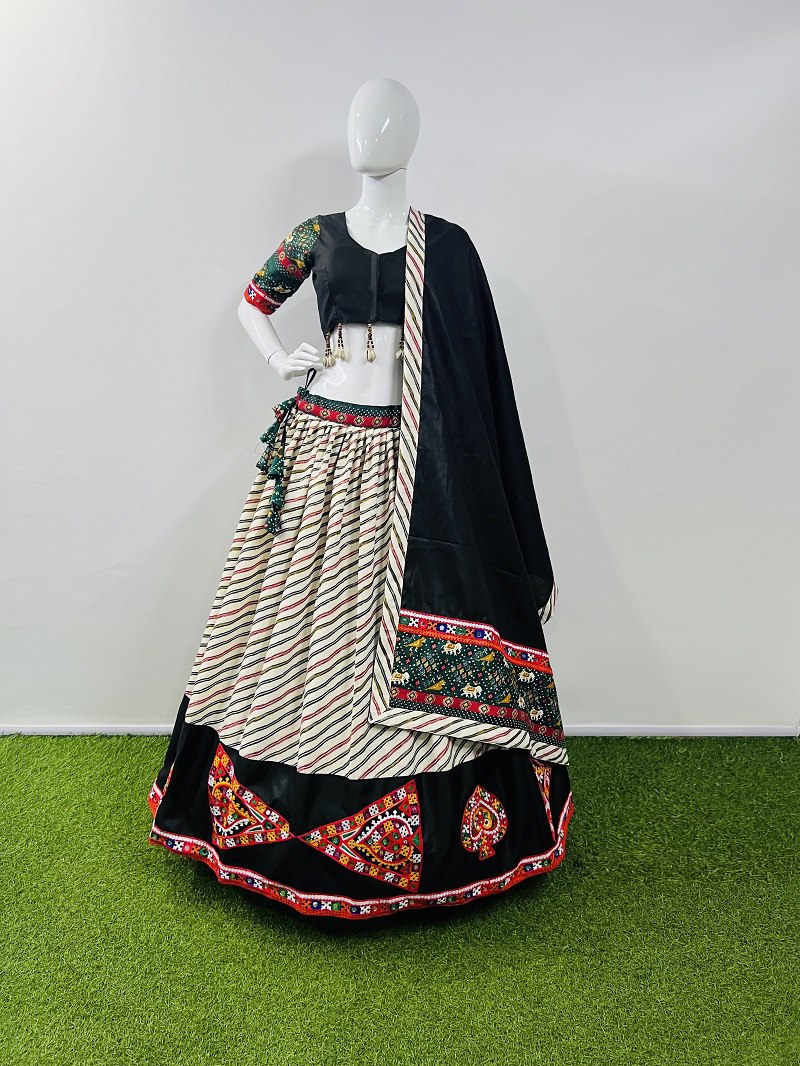 Milticolor Pure Cotton Silk Patola Print With Gamthi Work Butta Lace Work Navratri Lehenga Choli