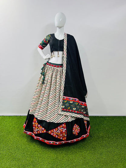 Milticolor Pure Cotton Silk Patola Print With Gamthi Work Butta Lace Work Navratri Lehenga Choli