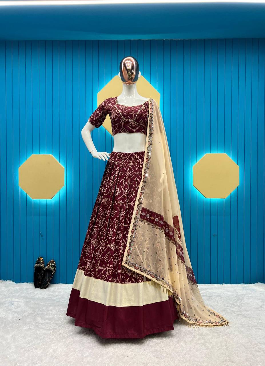 Wine Maslin Designer Printed And Real Mirror Work Lehenga Choli