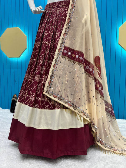 Wine Maslin Designer Printed And Real Mirror Work Lehenga Choli