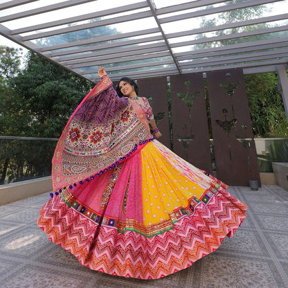 Pink Yellow Soft Butter Silk Fancy Digital Print Work and Real Mirror Work Navratri Lehenga