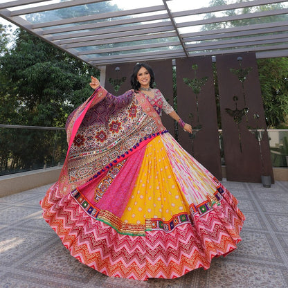 Pink Yellow Soft Butter Silk Fancy Digital Print Work and Real Mirror Work Navratri Lehenga