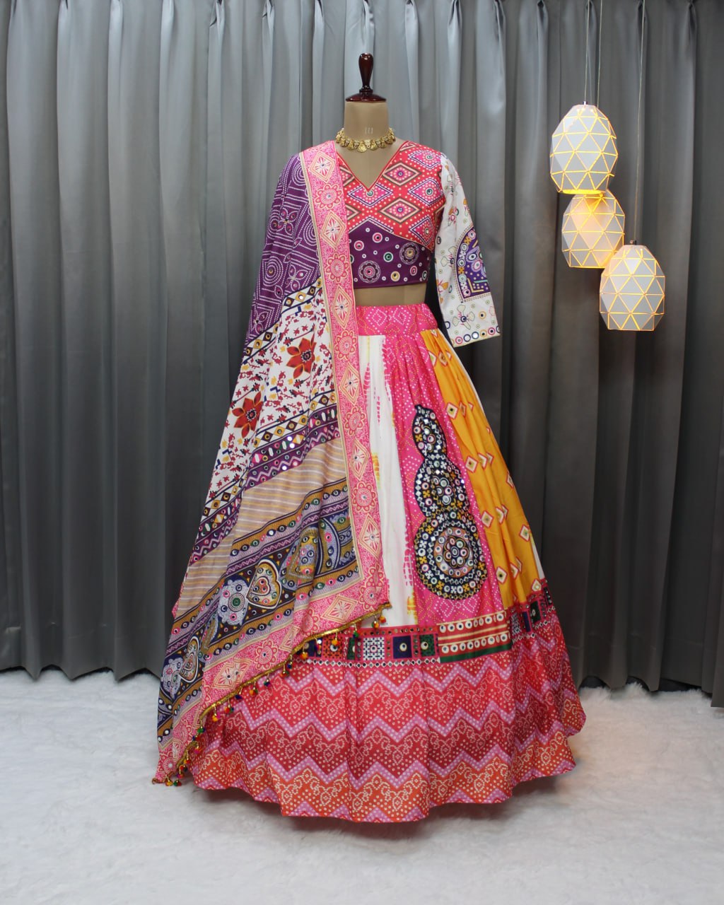 Pink Yellow Soft Butter Silk Fancy Digital Print Work and Real Mirror Work Navratri Lehenga